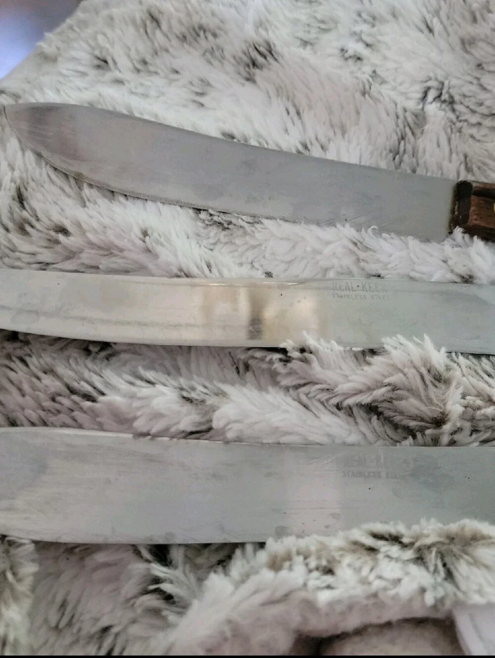 Vintage THREE Real Keen Stainless Butcher Knives Wood Handles